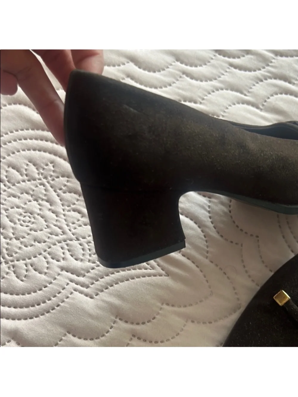 Jessica Dark Brown Suede Block Heel Pumps with Gold Accent - Picture 4 of 4